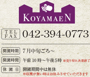 収穫祭 小山園 - 189-0011 東京都東村山市恩多町5-7-1　TEL/FAX：042-394-0773　開園時期：7月中旬ごろ～　開園時間：午前10時～午後5時 ※売り切れ次第終了　休園日：開園期間中は無休 ※収穫が無い時はお休みさせていただきます